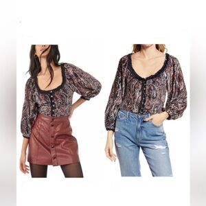 Free People Dare Me Velvet Blouse Womens Black Combo Paisley Boho Chic Large L